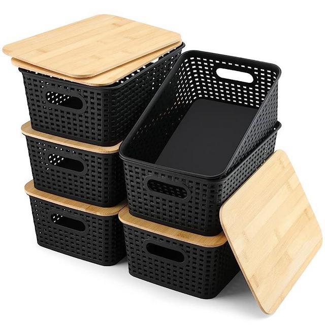 AREYZIN Set of 6 Plastic Storage Baskets Organizing Container Lidded Knit Storage Organizer Bins (Black)