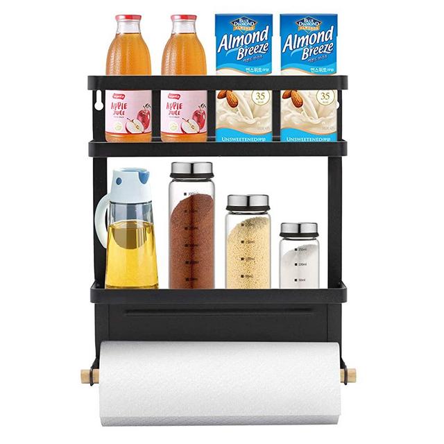 YJHome Foldable Magnetic Spice Rack Shelf Powerful Magnetic Fridge Organizer 2-Tier Kitchen Paper Hook Towel Rack Holders Small Storage Shelf Black with 2 Removable Hooks for Refrigerator