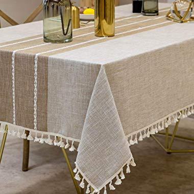 Deep Dream Tablecloths, Stitching Tassel Table Cloth,Cotton Linens Wrinkle Free Anti-Fading,Table Cover Decoration for Kitchen Dinning Party(Rectangle/Oblong, 55''x86'',6-8 Seats, Light Coffee)