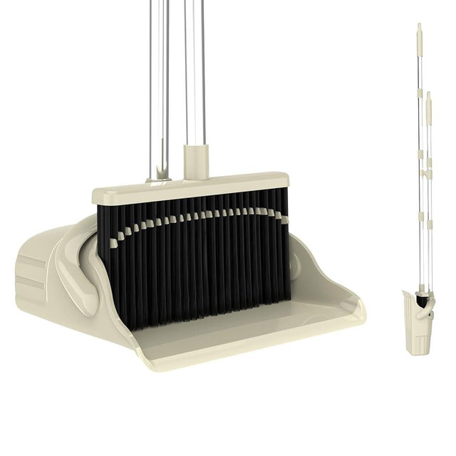 AISHUJIE Broom with Dustpan Combo Set - 52'' Long Handle Broom and Dustpan Set with Self-Cleaning Teeth & Standing Dust Pan and Broom for Home Office Kitchen Lobby Floor Use