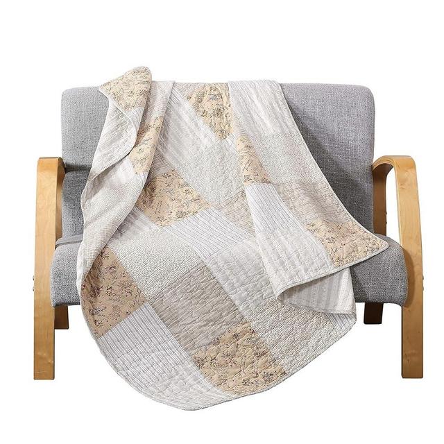 Country Lane 50" x 60" Cotton Quilted Throw Blanket, Neutral Tan and Cream Cottage Throw Quilt for Couch and Bed, Lightweight Pieced Patchwork Lap Quilt with French Farmhouse Country Style