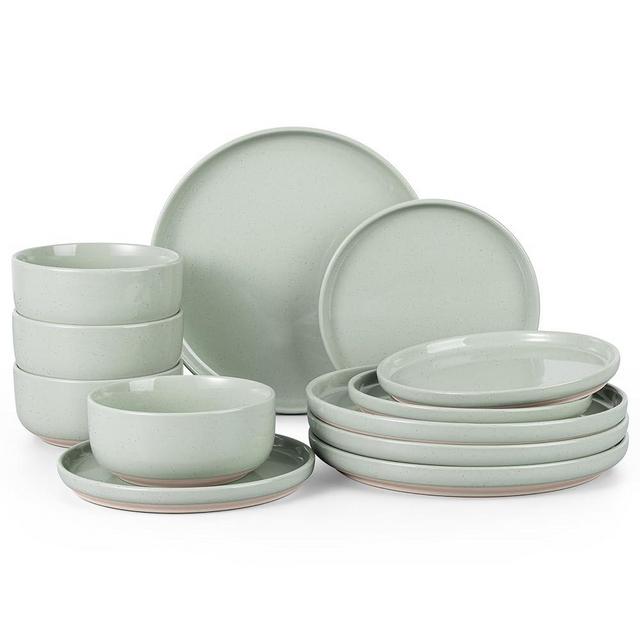 HaWare Stoneware Dinnerware Sets, 12-Piece Plates and Bowls Set for 4, Dishes Set for Home Restaurant, Speckled Asparagus Green