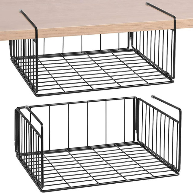 SUFAUY Stainless Steel 2-Pack Under Cabinet Shelf Basket Organizer, Metal Wire Rack Hanging Storage Baskets Holds up to 22lbs for Kitchen Pantry or Refrigerator, Black