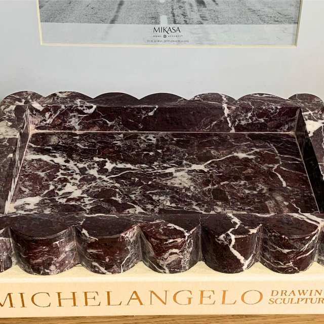Hand-crafted Decorative Cherry Rosso Levanto Marble Scallop Edge 12 " Tray, Genuine marble Vanity Tray, Marble Charcuterie, Gifts Under 100