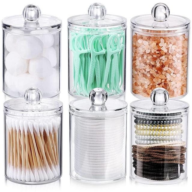 AOZITA 6 Pack Qtip Holder Dispenser for Cotton Ball & Swab & Round Pads with 12 Labels - 10 oz Clear Plastic Apothecary Jar Set for Bathroom Canister Storage Organization, Vanity Makeup Organizer