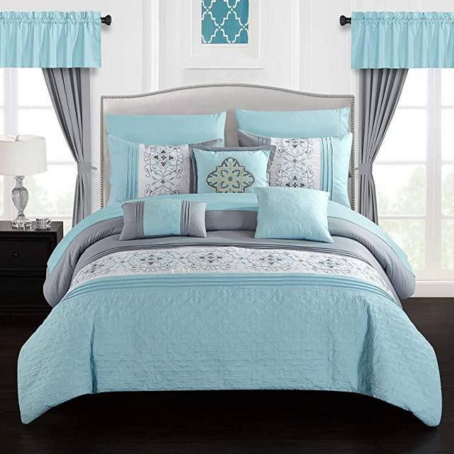 Chic Home Emily 20 Piece Comforter Set Color Block Floral Embroidered Bag Bedding-Sheets Window Treatments Decorative Pillows Shams Included, King, Aqua Blue