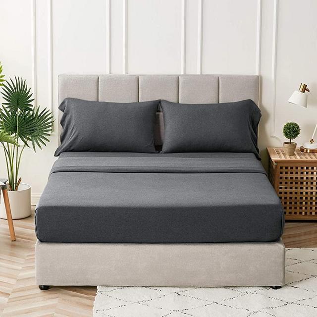Bedsure Jersey Knit Sheets Queen Set - 100% Cotton T Shirt Bed Sheets for Queen Size Bed , Dark Grey , 4 PC Cotton Sheets