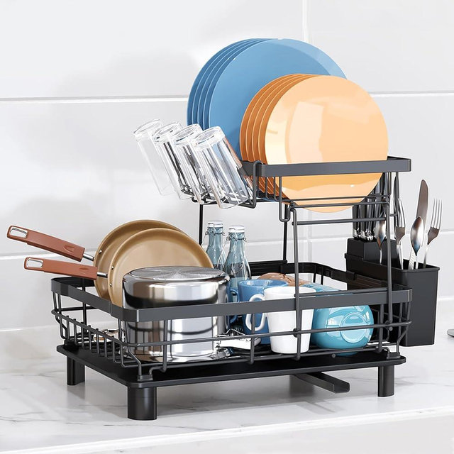 GAXmi Dish Drying Rack Over The Sink Dish Drainer with Drainboard Utensil Holder Adjustable Spout Cup Holder, 2-Tier Black