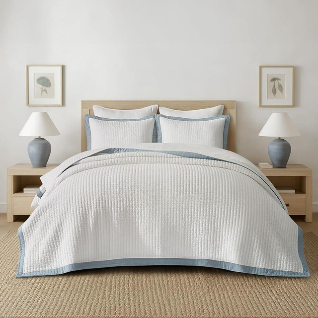 EVERGRACE Cotton Border Frame Tack-Stitch Quilt Bedding Set Queen Size, Coastal Oversized 3 Pieces Lightweight Bedspread Coverlet for All Season, with 2 Matching Shams, Blue Linen