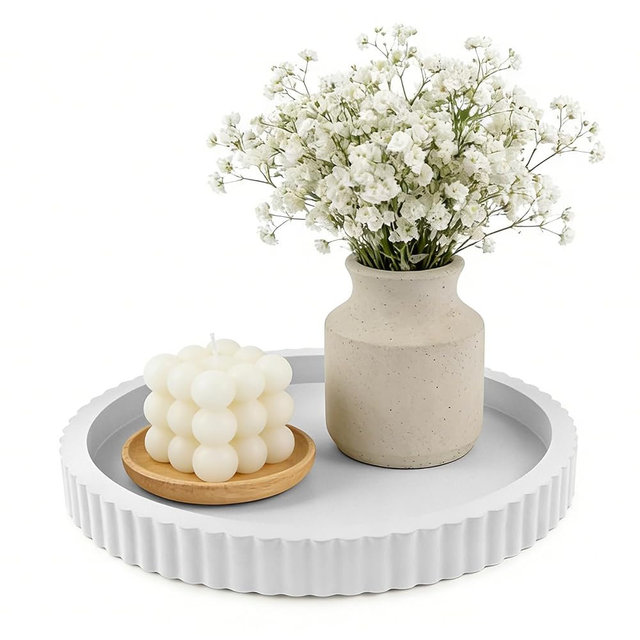 Modern Decorative Tray for Coffee Table, 11" Wooden White Round Small Decor Tray for Candle, Perfume, Vanity, Kitchen Island Counter & Table Centerpiece