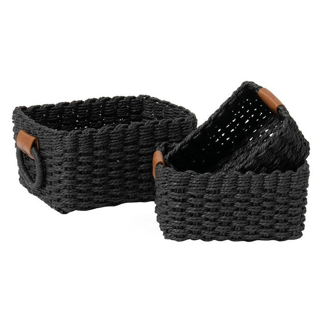 LA JOLIE MUSE Small Wicker Baskets for Organizing, Recycled Paper Rope Storage Basket Container Bins for Shelves Bathroom Cupboards Drawer, Decorative Square Basket Organizer Set of 3, Black