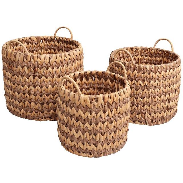 happimess BSK2022B-3SET Cassia Farmhouse Handwoven Two-Tone Water Hyacinth Nesting Storage Baskets with Handles, Seagrass Containers for Decoration in Living Room, Bedroom, Brown/Natural (Set of 3)