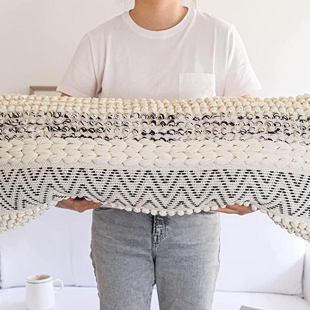 Boho Lumbar Pillow Cover, Long Body Pillow Cover, Decorative Lumbar Pillow with Tassels, Black and Cream(14x36 inch)