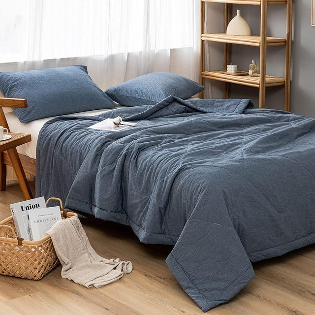 NTCOCO Summer Lightweight Comforter Set,Thin Quilt,100% Washed Cotton,Machine Washable,Soft Comfy Breathable Can Sleep Naked(Queen,Navy Blue