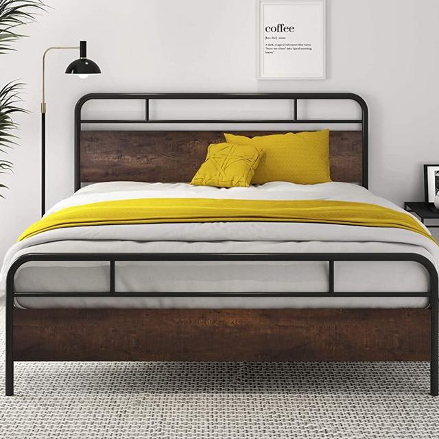 SHA CERLIN Heavy Duty Queen Bed Frames with Modern Wood Headboard, Metal Platform Bed with Frosted Iron Frame, 12" Under Bed Storage, Noise Free, No Box Spring Needed, Dark Brown