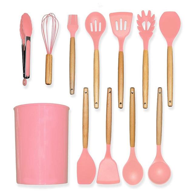 WILANG kitchen Utensils - 12 Pcs - Kitchen Utensils Set - Silicone Utensils for Cooking-446 Heat Resistant - kitchen Spoons for Cooking -BPA Free - Wooden Handles - kitchen Utensil Set (Pink)