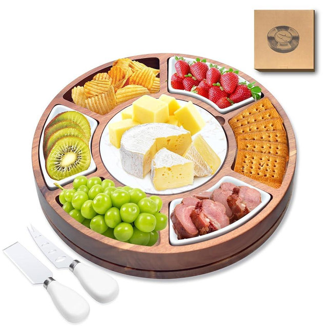 360° Rotating Lazy Susan Cheese & Charcuterie Board Set - 13.5" Acacia with Built-in Slate Chiller, 3 Ceramic Bowls & 2 Cheese Knives - Housewarming, Birthday & Wedding Gift