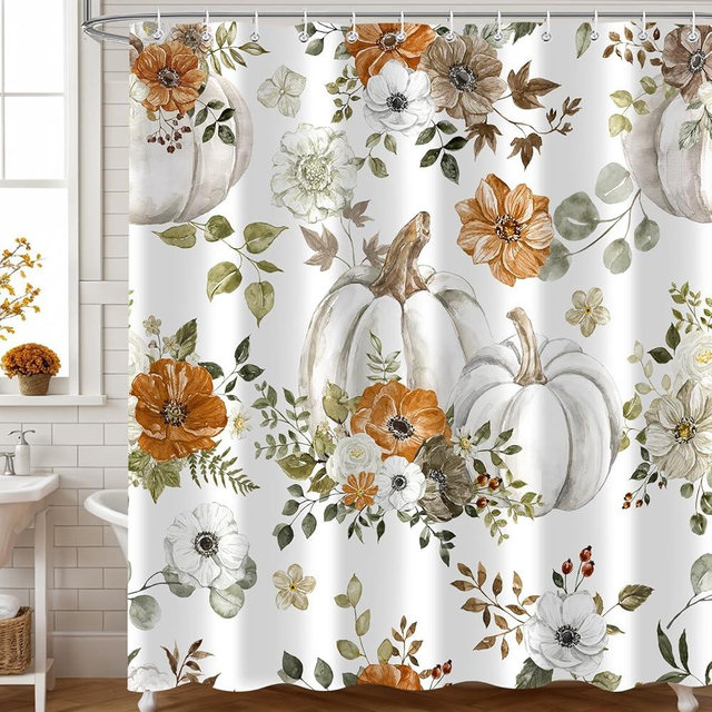 Moyrisou ﻿Fall Pumpkin Shower Curtain, Cute Autumn Watercolor Floral Thanksgiving Harvest Pumpkins Decor Bath Curtain Set, Waterproof Fabric Polyester Bathroom Accessories with 12 Hooks 72x72 Inch