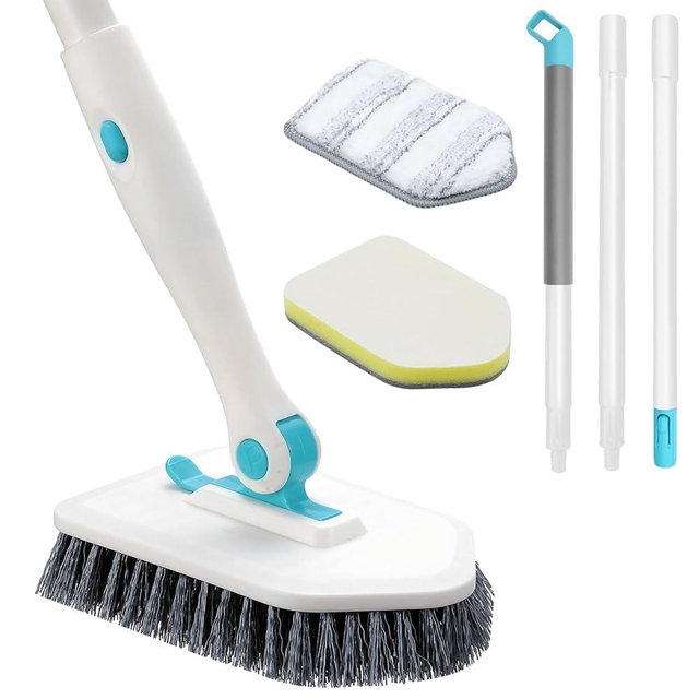 nacena Shower Scrubber with Long Handle, 3 in 1 Tile Tub Scrubber Brush with 3 Detachable Cleaning Heads Adjustable Handle Shower Cleaner Brush for Bathroom, Kitchen, Toilet, Wall, Sink, White