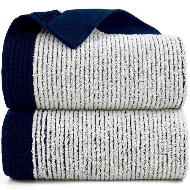 Cleanbear Fluffy Bath Towels for Bathroom, Shower Towel Set of 2, Jacquard Weaved Soft Cotton Towels Navy-Blue, 54 by 28 Inches