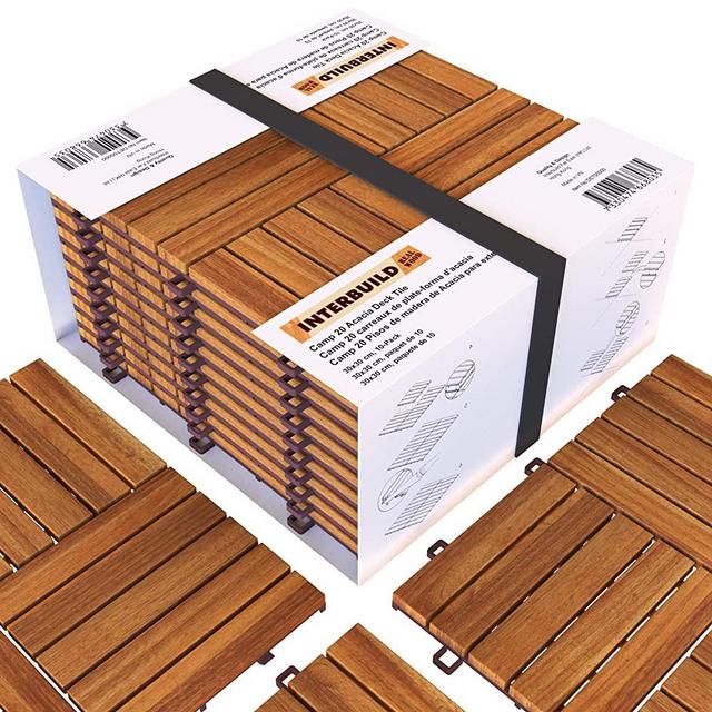 Acacia Hardwood Deck and Patio Easy to Install Interlocking Flooring Tiles 12"×12" - 10 TILES / PACK - Totally 10 Sq. Ft. Unique 5 YEAR WARRANTY