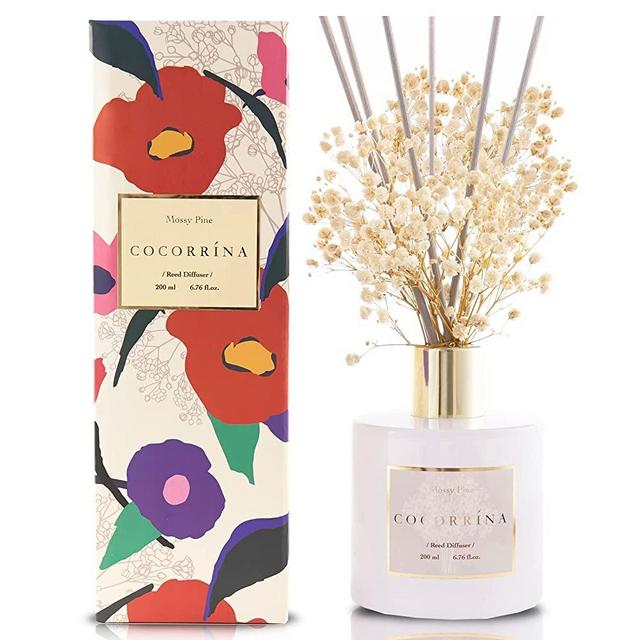 Cocorrína Premium Reed Diffuser Set with Preserved Baby's Breath & Cotton Stick Mossy Pine | 6.7oz Scent Fragrance Oil Diffuser for Bedroom Bathroom Living Room Home Décor