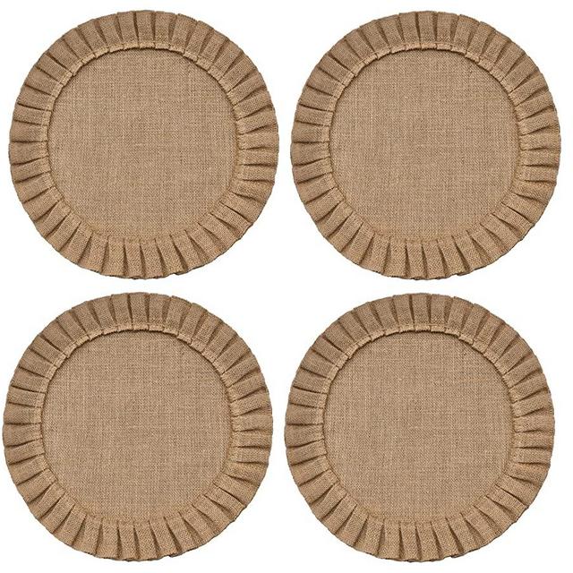 Rustic Farmhouse Burlap Round Placemats, Set of 4, Size in 15 Inches Diameter, Ruffle Trim Design (4)