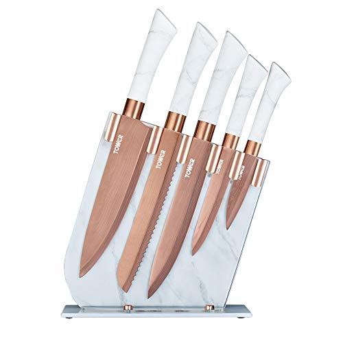 Tower Kitchen Knife Set with Acrylic Knife Block, Stainless Steel with Soft Touch Handles, White Marble and Rose Gold, 5 Piece