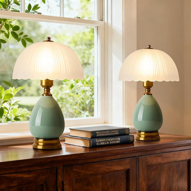 Flashine Ceramic Table lamp Set of 2, Modern Bedside Lamps Green Mid Century Vintage Desk Lamp Retro Glass Mushroom Traditional Lamp for Nightstand Living Room Bedroom Home Decor (S04GN-2PACK)