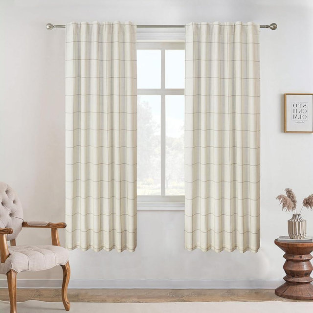 DriftAway 100% Blackout Windowpane Plaid Linen Curtains Double Layer Farmhouse Drapes 63 Inches Long for Living Room Bedroom Yarn Dyed Woven Thermal Insulated Rod Pocket Back Tab 2 Panels Taupe