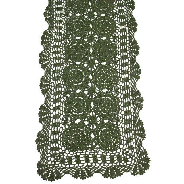 KEPSWET Cotton Handmade Crochet Lace Table Runner Olive Green Rectangle Coffee Table Dresser Decor (14x36 inch)