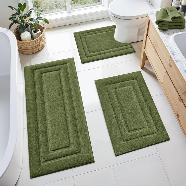HOMEIDEAS Bathroom Rugs Sets 3 Piece, Microfiber Shaggy Bath Mat Set, Non-Slip Ultra Soft Carpet Mats, Large Rugs with U-Shaped Toilet for Bathroom, Tub, Shower,Sage Green