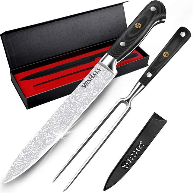MOSFiATA 8" Carving Knife and 7" Fork Set Sharp Premium Slicing Carving Knife German High Carbon Stainless Steel 4116 Carving Knife and Fork Set - Best for Slicing Roasts, Meats, Fruits and Vegetables