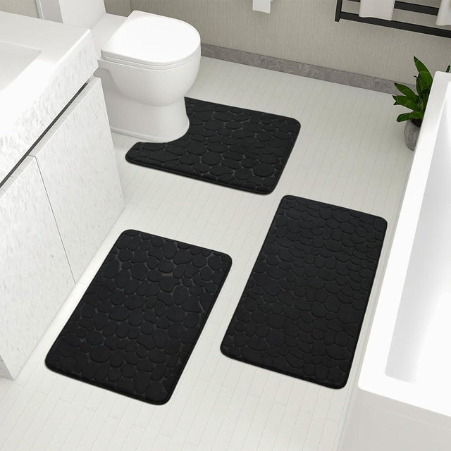 YIHOUSE Bathroom Rugs Sets 3 Piece, Cobblestone Memory Foam Bathroom Mats Set Extra Thick, Non Slip Bath Mats for Bathroom, Water Absorbent, Washable Black Bath Rugs for Tub, Toilet and Floor