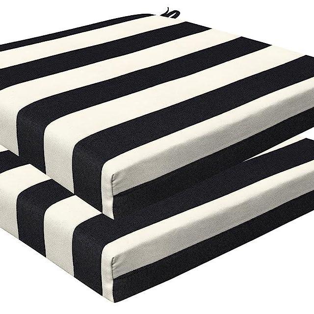 Honeycomb Indoor/Outdoor Cabana Stripe Black & Ivory Dining Seat Cushion: Recycled Fiberfill, Weather Resistant, Reversible, Comfortable and Stylish Pack of 2 Patio Cushions: 20" W x 20" D x 4" T