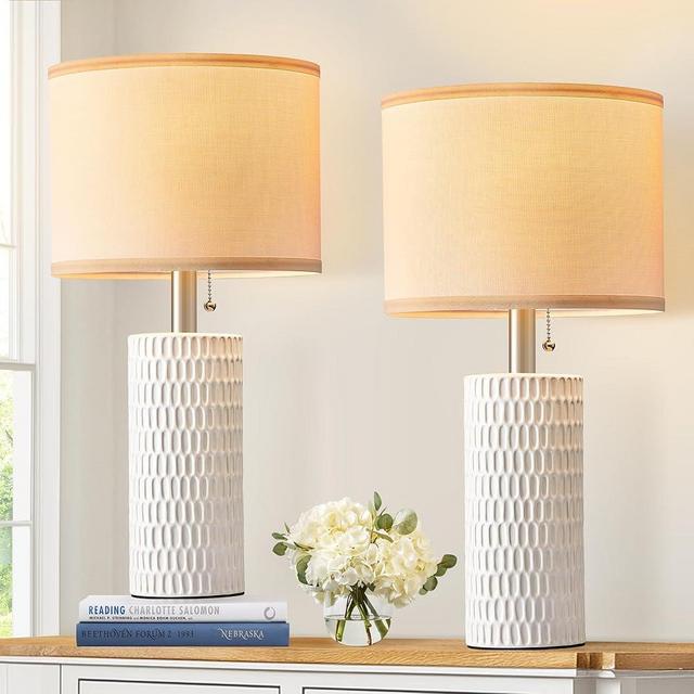 Reaketon Table Lamps for Living Room Set of 2, White Lamps for Bedroom, 20" Modern Lamps for Night Stands,Pull Chain