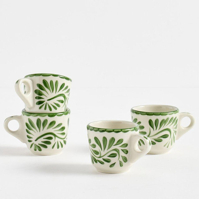 Puebla Porcelain Espresso Cups, Set of 4 - Green/White