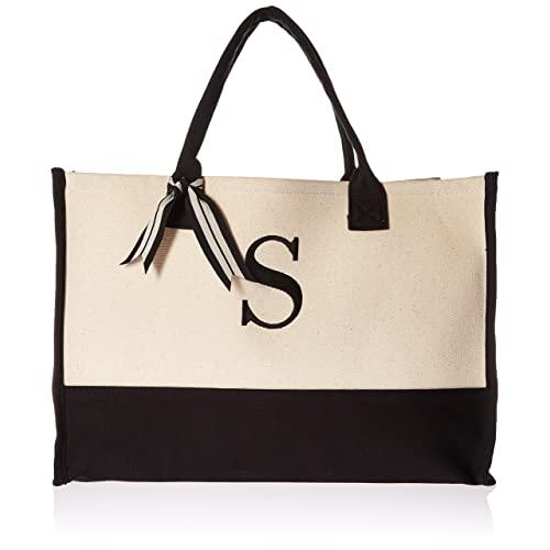 Mud Pie Classic Black and White Initial Canvas Tote Bags (S), 100% Cotton, 17" x 19" x 2"