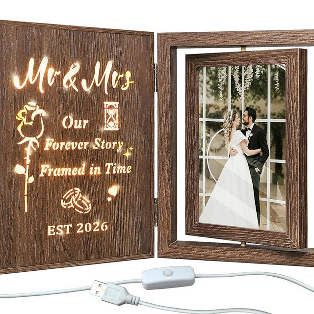 EYITUPC Wedding Gifts for Couples 2026 Light Up Mr and Mrs Picture Frame, Bridal Shower Gifts for Bride Groom, Rotating Wedding Photo Frames 4x6 for 2 Pictures