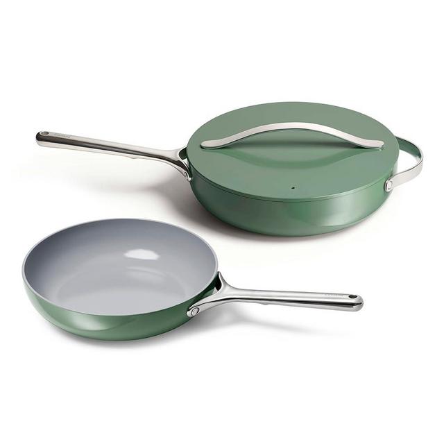 Caraway Fry Pan and Sauté Pan Duo - 10.5” Ceramic Frying Pan and 11.8” Deep Sauté Pan with Lid - Non Stick, Non Toxic, Oven Safe - Sage