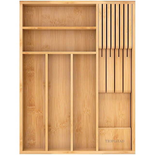 TIOPGHAD Small-Bamboo-Silverware-Drawer-Organizer, Expandable Utensil Kitchen Cutlery Tray Flatware Organization Adjustable Wood Tableware Dividers Storage (with Removable Knife Block)(Natural)