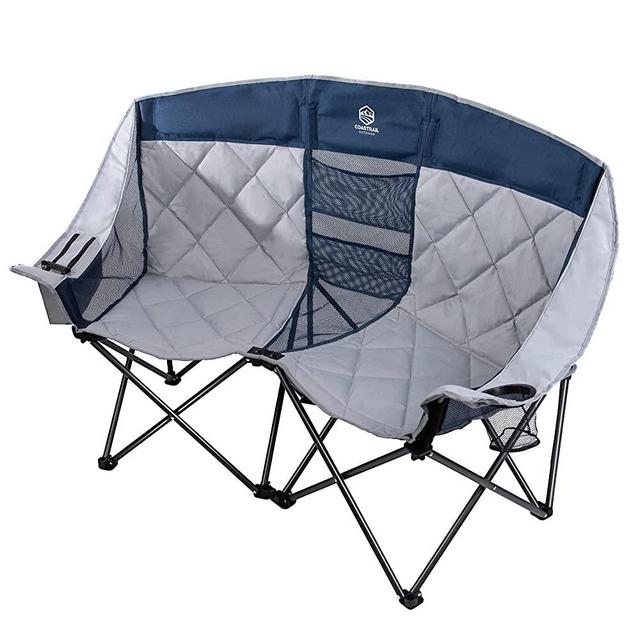 Coastrail Outdoor Double Camping Premium Comfort Portable Love Lawn Chairs Folding for Two with Padded Seat and Pockets, Heavy Duty for Adults, Blue & Grey