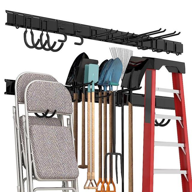 Sttoraboks Garage Tool Storage Rack, Tools Organizer Rack System Wall Mounted Tool Organization with 12 double hooks, 4 rails, Garden Yard Tools Hanger Rack for Ski Gears,Broom,Mop,Rake,Ladder,Chair