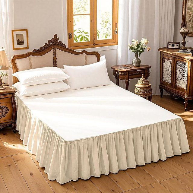 QKTE Belgian Linen Bed Skirt with 14 Inch Drop, Easy Fit Breathable Linen-Cotton Blend Dust Ruffle Queen Size Bed Skirt Premium Natural Flax- Pleated Linen, Queen