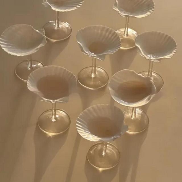 Elegant tall handmade conch scallop shell goddess flute glass wine coupe cocktail tea gift bachelorette chic decor wedding bridal party