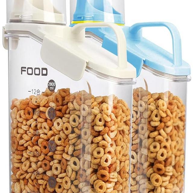 Besmall Cereal Containers Storage,2.8L Airtight Large Dry Food Storage Containers with Pouring Spout, Measuring Cup for Flour and Grain,BPA Free Plastic Dispenser ((2pcs) White-Blue-94oz)