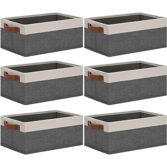 GhvyenntteS Small Storage Bins 6 Pack, Storage Basket with Leather Handles, Collapsible Storage Bins for Shelves, Storage Baskets for Shelves, Closets, Home, Office (Grey/White, 11.8" x 7.87" x 5.11")