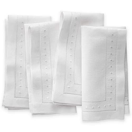 O'lucio Double Hemstitched White Linen Dinner Napkins with Embroidered Swiss Dots - Set of 4, 18 X 18 inch - Natural Fabric Machine Washable, French Style Premium Handmade