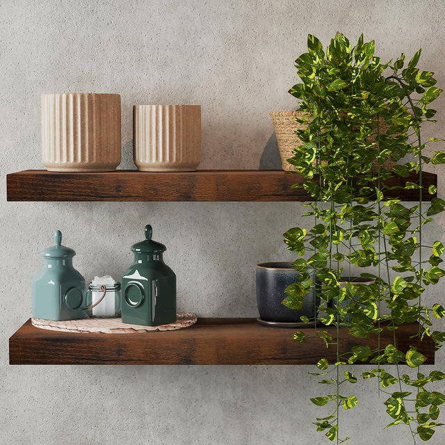 LA GRANGE RANGE® 23.6" Floating Shelves For Wall, 2x Pack, Wall Shelves for Storage & Décor, Perfect for Bathroom, Bedroom, Kitchen, Living Room, Natural Wood Finish with Hidden Bracket (Toasty Brown)