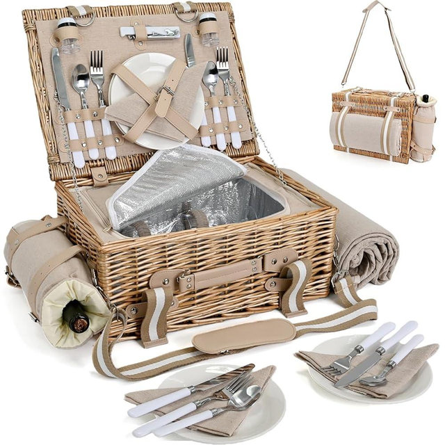 31Pcs Picnic Basket Set for 4 with Insulated Liner and Waterproof Blanket Wine Pouch, Large Wicker Picnic Hamper for Camping,Outdoor,Valentine Birthday Christmas for Couples,Natural